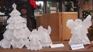 Angels and a Christmas tree from parchment at the Christmas exhibition at the Botanical Garden of Charles University, Prague, December 2013